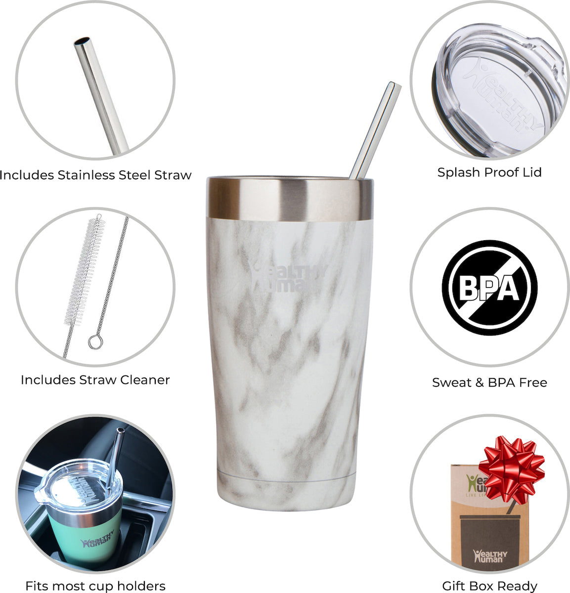 Healthy Human Cruiser Tumbler Stone White Thermos Tumbler with Straw 0.59lt