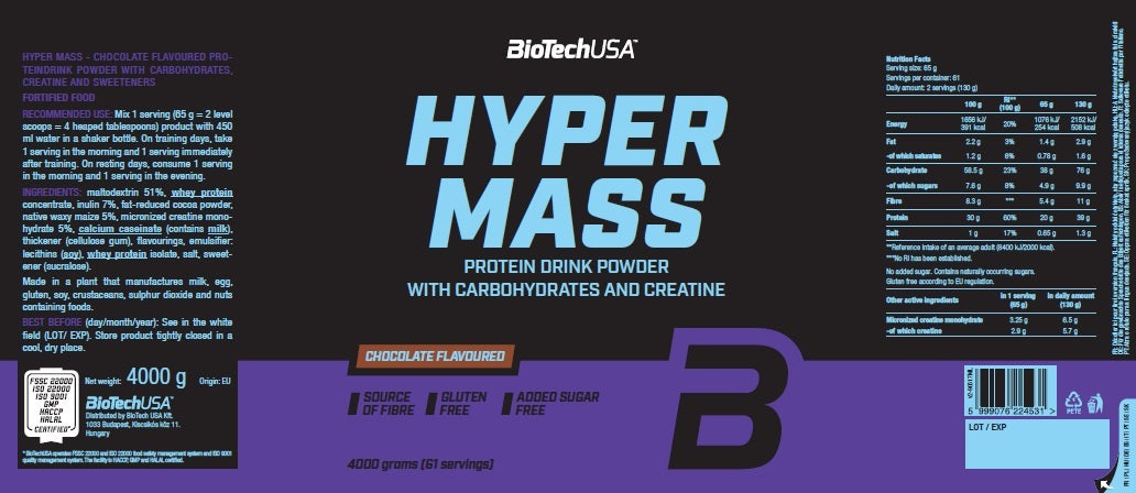 Biotech USA Hyper Mass Drink Powder with Carbohydrates & Creatine Χωρίς Γλουτένη με Γεύση Σοκολάτα 4kg