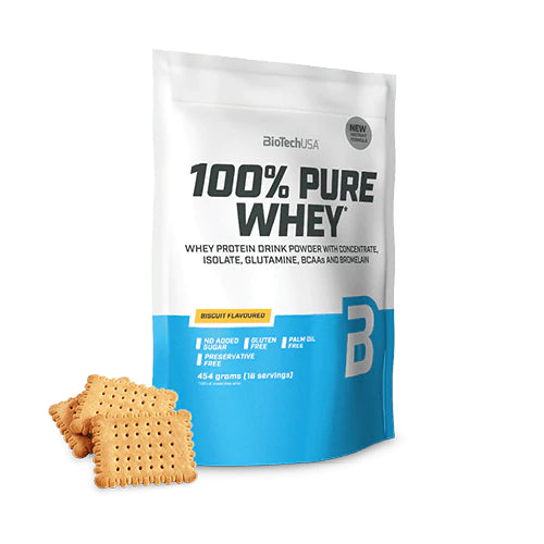 Biotech USA 100% Pure Whey With Concentrate, Isolate, Glutamine &amp; BCAAs Whey Protein Gluten Free 454gr, Biscuit 