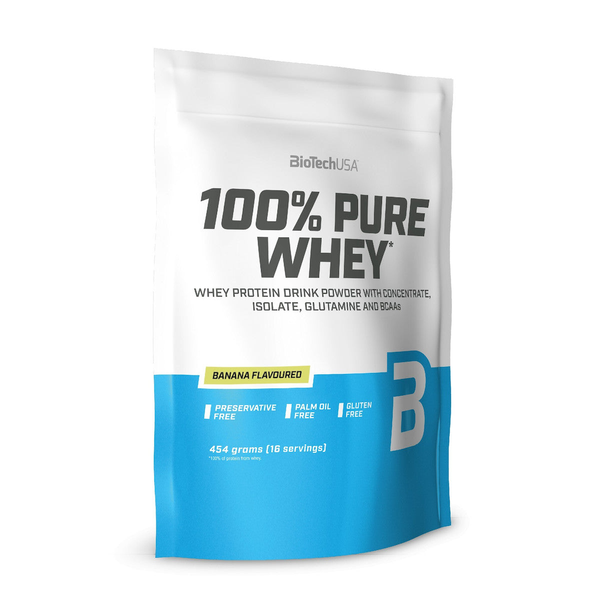 Biotech USA 100% Pure Whey With Concentrate, Isolate, Glutamine &amp; BCAAs Whey Protein Gluten Free 454gr, Banana 