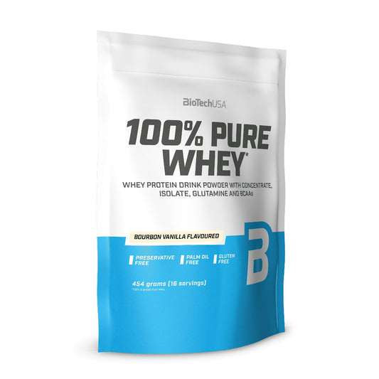 Biotech USA 100% Pure Whey With Concentrate, Isolate, Glutamine &amp; BCAAs Whey Protein Gluten Free with Bourbon Vanilla Flavor 454gr