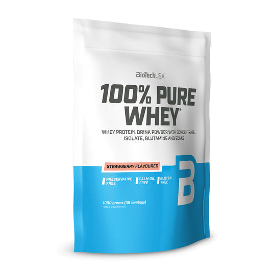 Biotech USA 100% Pure Whey With Concentrate, Isolate, Glutamine &amp; BCAAs Whey Protein Gluten Free Strawberry Flavor 1kg