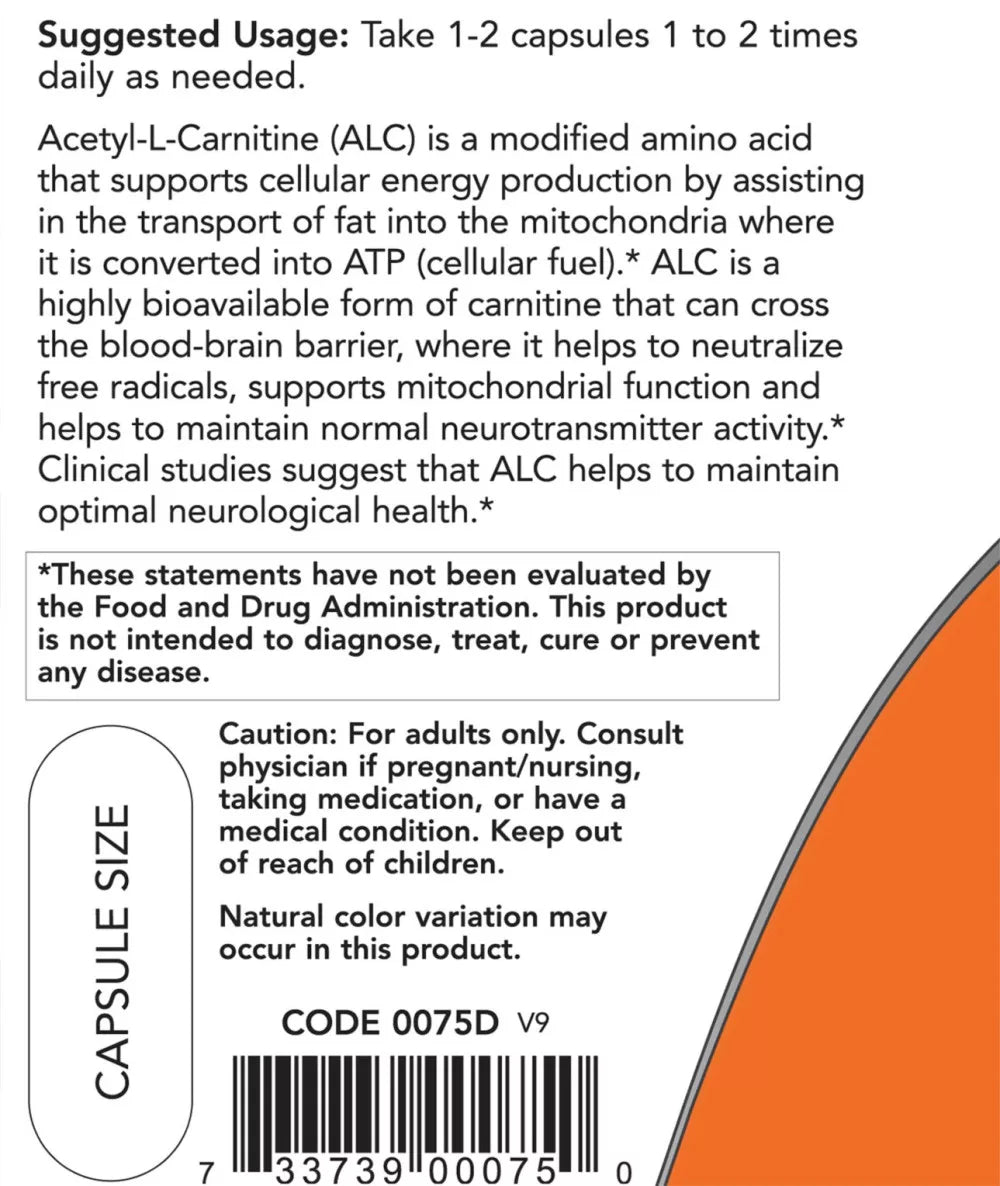 Now Foods Acetyl L-Carnitine Συμπλήρωμα Διατροφής με Καρνιτίνη 500mg 50 φυτικές κάψουλες