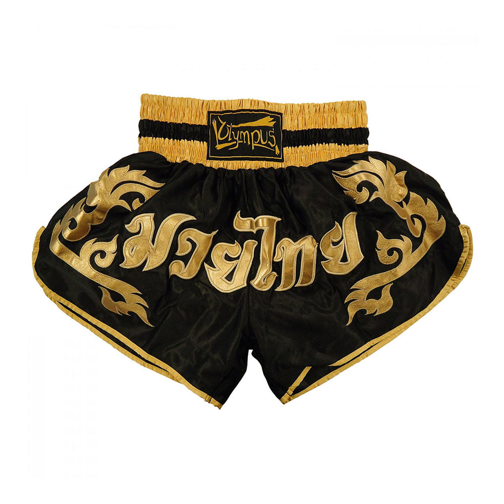 Thaiboxing Shorts Olympus Black Satin Gold Letters