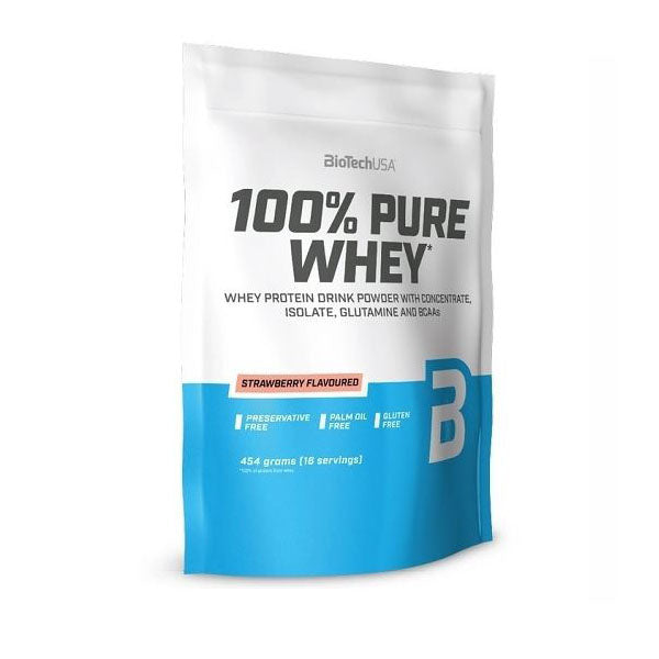 Biotech USA 100% Pure Whey With Concentrate, Isolate, Glutamine & BCAAs Πρωτεΐνη Ορού Γάλακτος Χωρίς Γλουτένη 454gr, Φράουλα