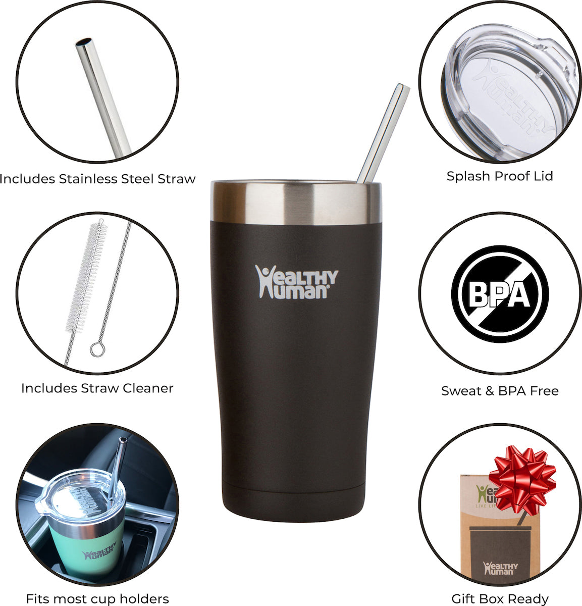 Healthy Human Cruiser Tumbler Pure Black Thermos Tumbler with Straw 0.59lt
