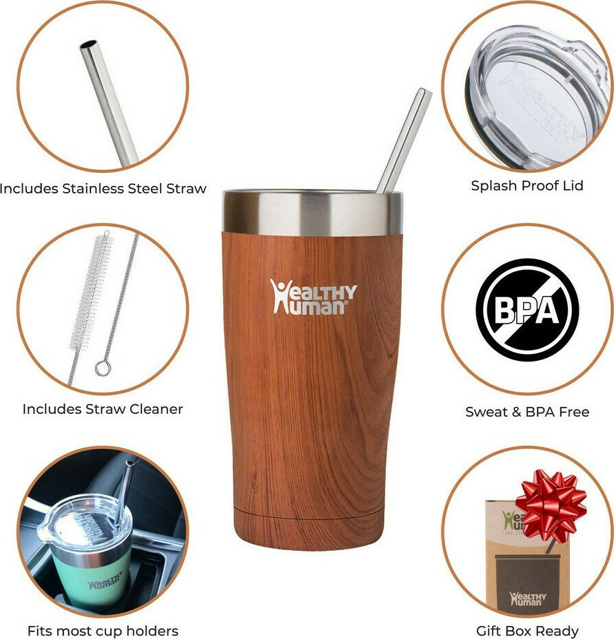 Healthy Human Cruiser Tumbler Natural Wood Thermos Cup with Straw 0.59lt